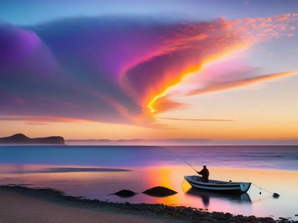 Paisaje costero en Uruguay al atardecer con impacto cambio climático pesca, pescador y bote en mar sereno y colorido