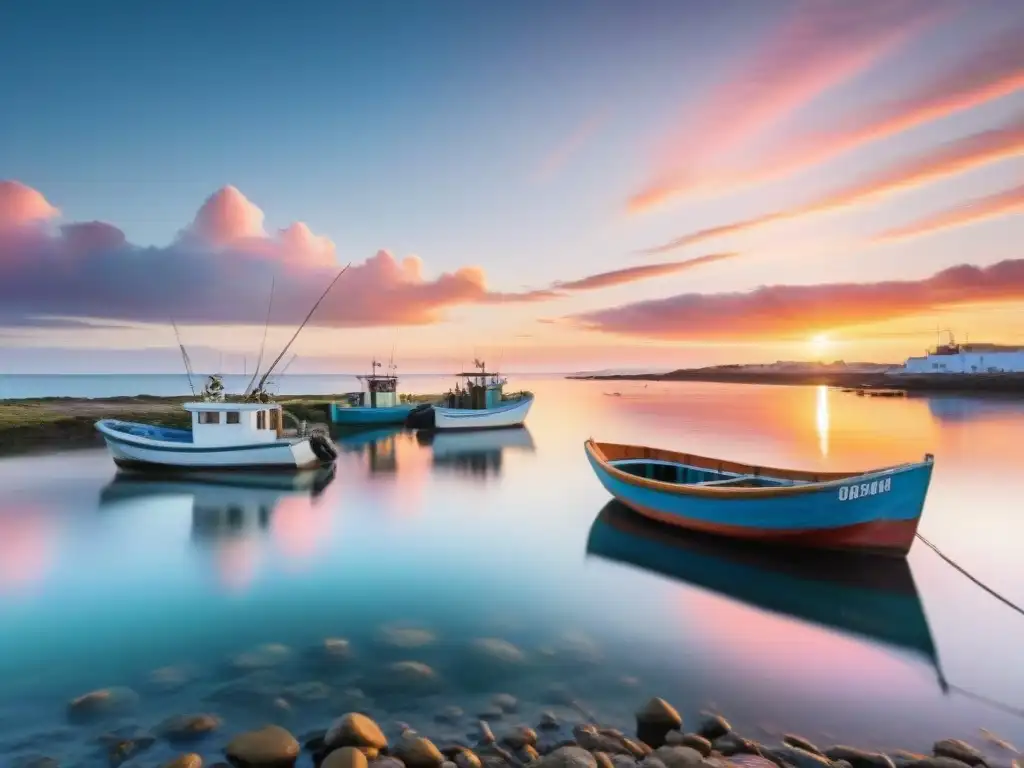 Paisaje costero de Uruguay con pesca responsable y puesta de sol vibrante