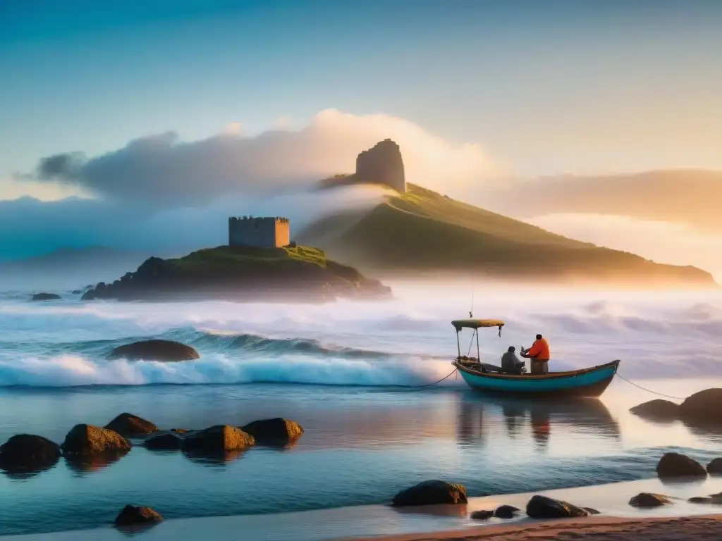 Paisaje costero al amanecer en Uruguay con pescadores practicando la pesca responsable, rodeados de vida marina