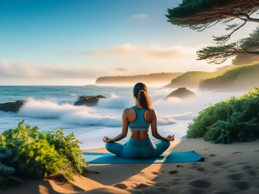 Paisaje costero sereno en Uruguay con persona practicando yoga, suplementos para combatir estrés