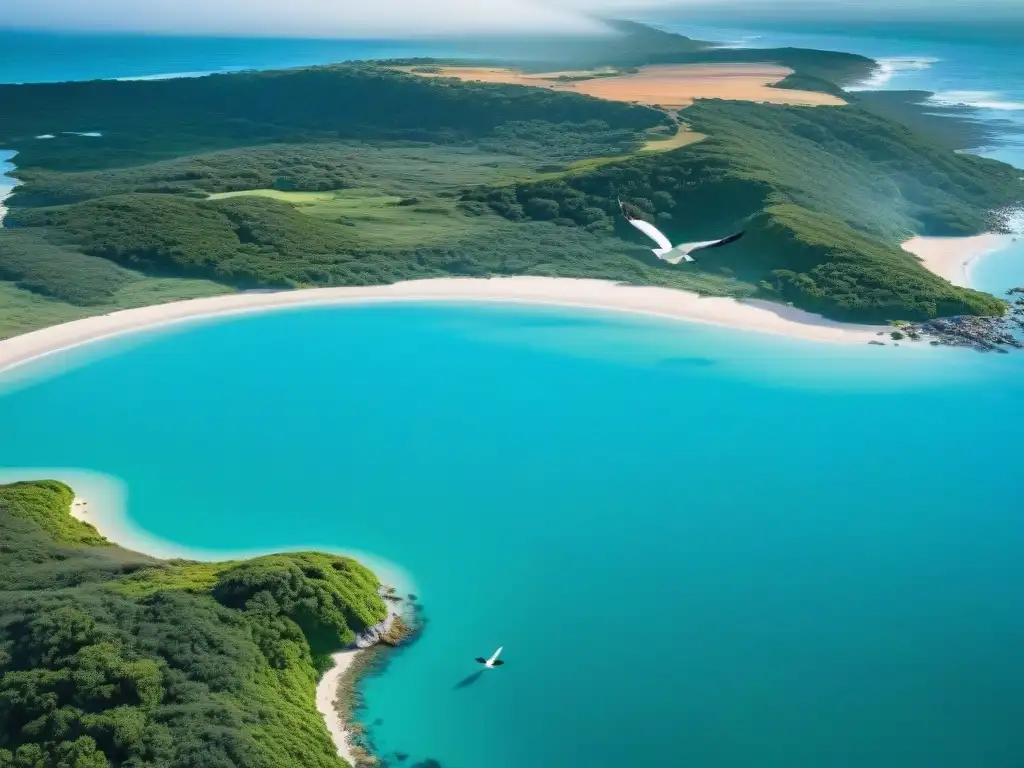 Un paisaje costero sereno en Uruguay con playa, vegetación exuberante y aves coloridas, promoviendo el ecoturismo en Uruguay