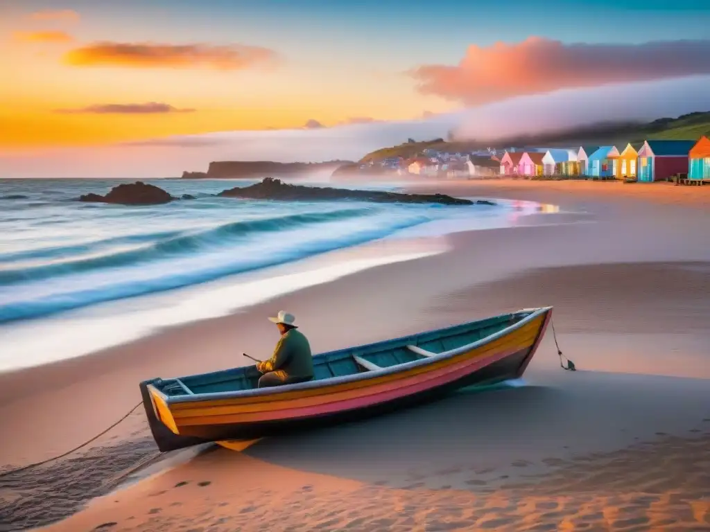 Paisaje costero uruguayo al atardecer con pescador en barca tradicional y casas de pescadores