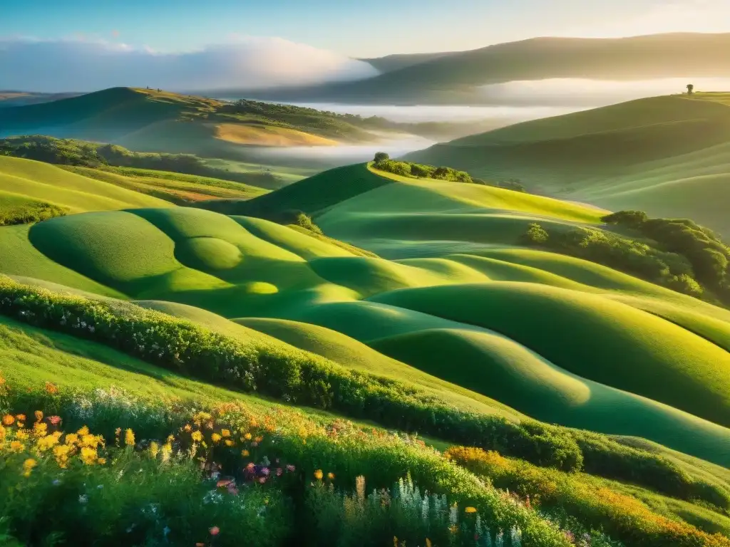 Un paisaje encantador en Uruguay con colinas verdes, río cristalino y atardecer dorado