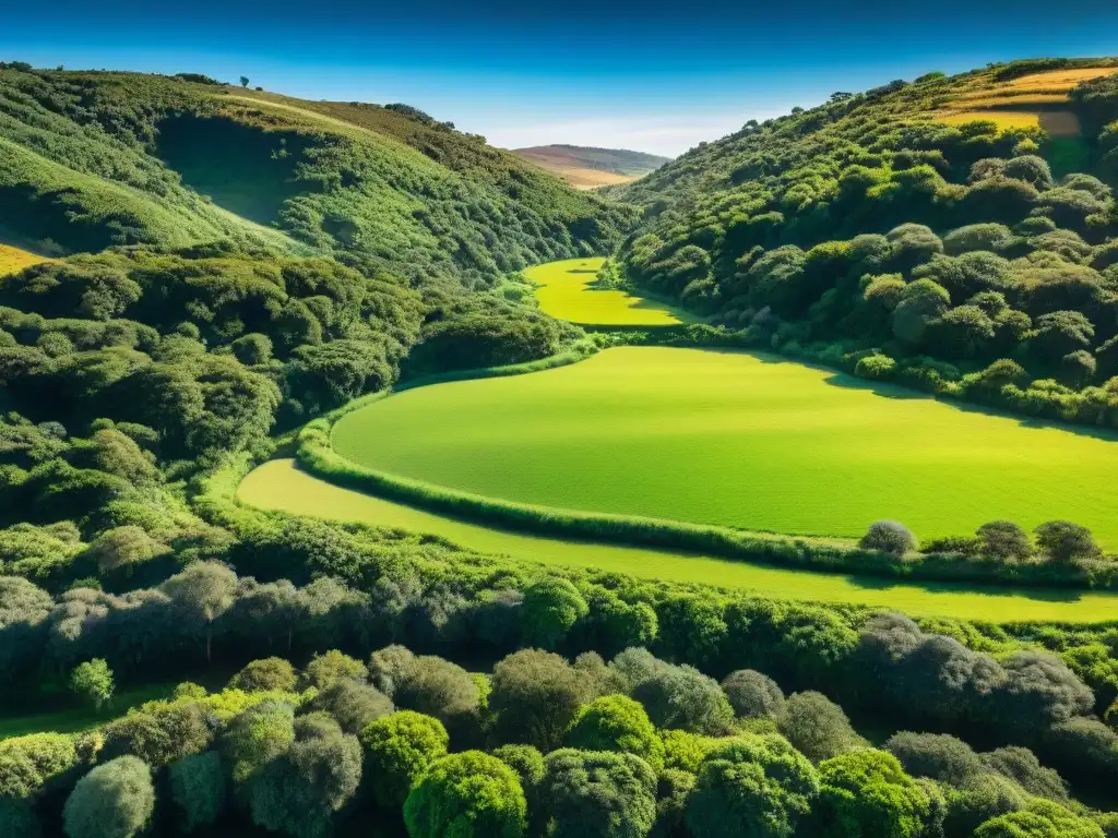 Un paisaje exuberante en Uruguay invita al bienestar físico con colinas, árboles nativos y un arroyo cristalino