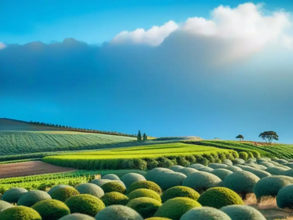 Un paisaje exuberante en Uruguay muestra un cielo azul y personas diversa plantando árboles para combatir el cambio climático