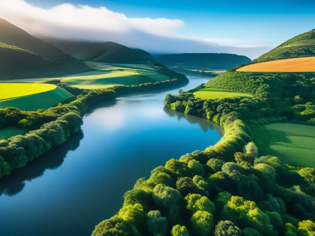 Un paisaje exuberante en Uruguay con colinas verdes y un río sereno reflejando la luz del sol