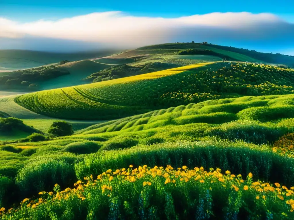 Un paisaje exuberante en Uruguay, con colinas verdes, flores silvestres y cielo azul