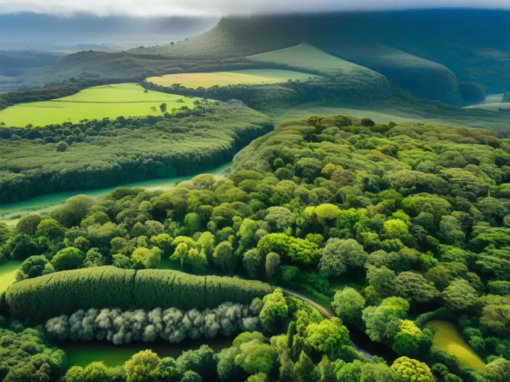 Un paisaje exuberante en Uruguay con colinas, bosques vibrantes y un río serpenteante