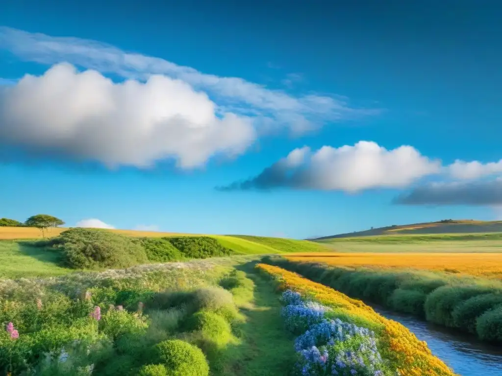 Un paisaje exuberante en Uruguay con flora y fauna nativa, bajo un cielo azul y nubes blancas