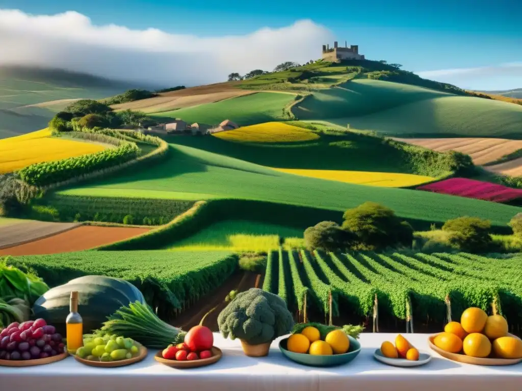 Un paisaje exuberante en Uruguay con una mesa comunal llena de alimentos coloridos y personas diversas