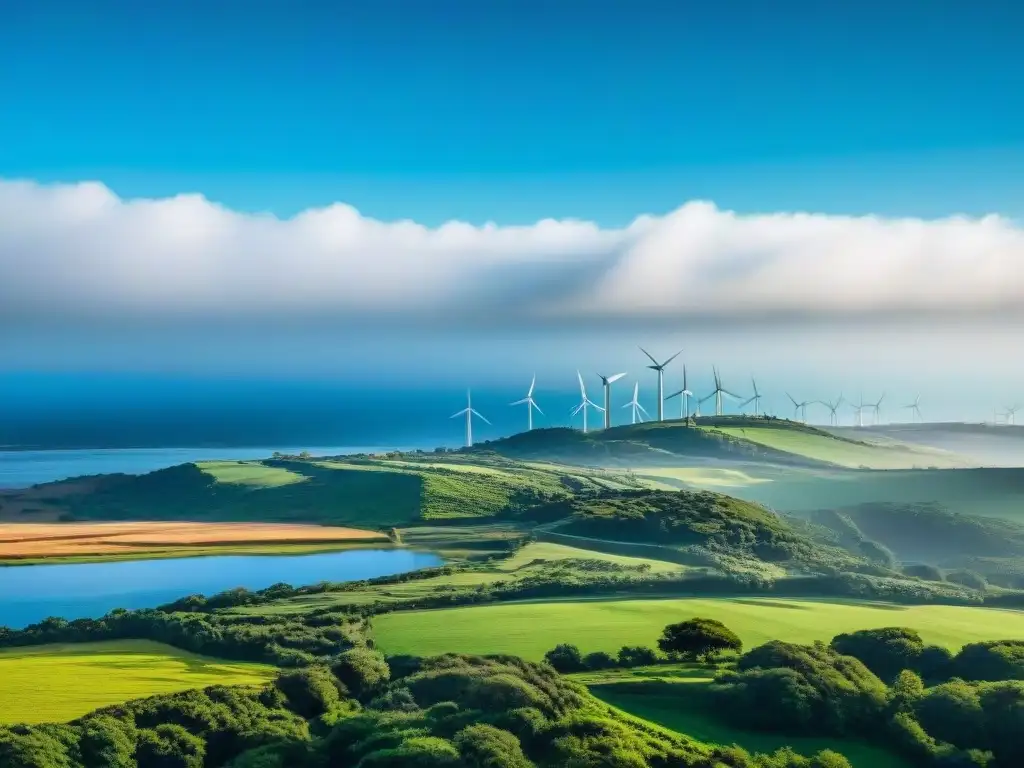 Un paisaje exuberante en Uruguay con molinos de viento, lago y edificios modernos, simbolizando el teletrabajo y bienestar en Uruguay