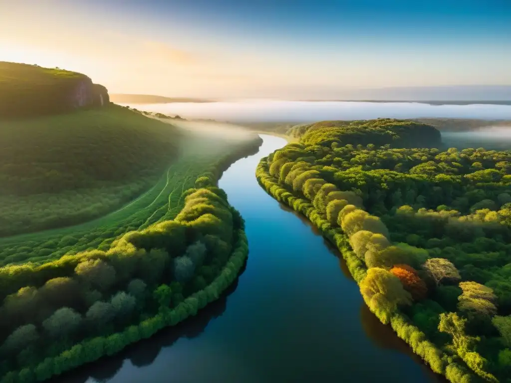 Paisaje exuberante en Uruguay con río cristalino al atardecer, destacando la Conservación del agua en Uruguay