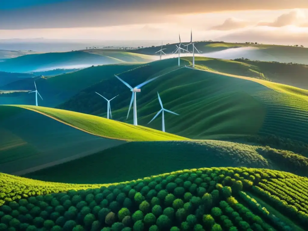 Un paisaje futurista y sereno en Uruguay con energía sostenible, simbolizando la minería sostenible en Uruguay