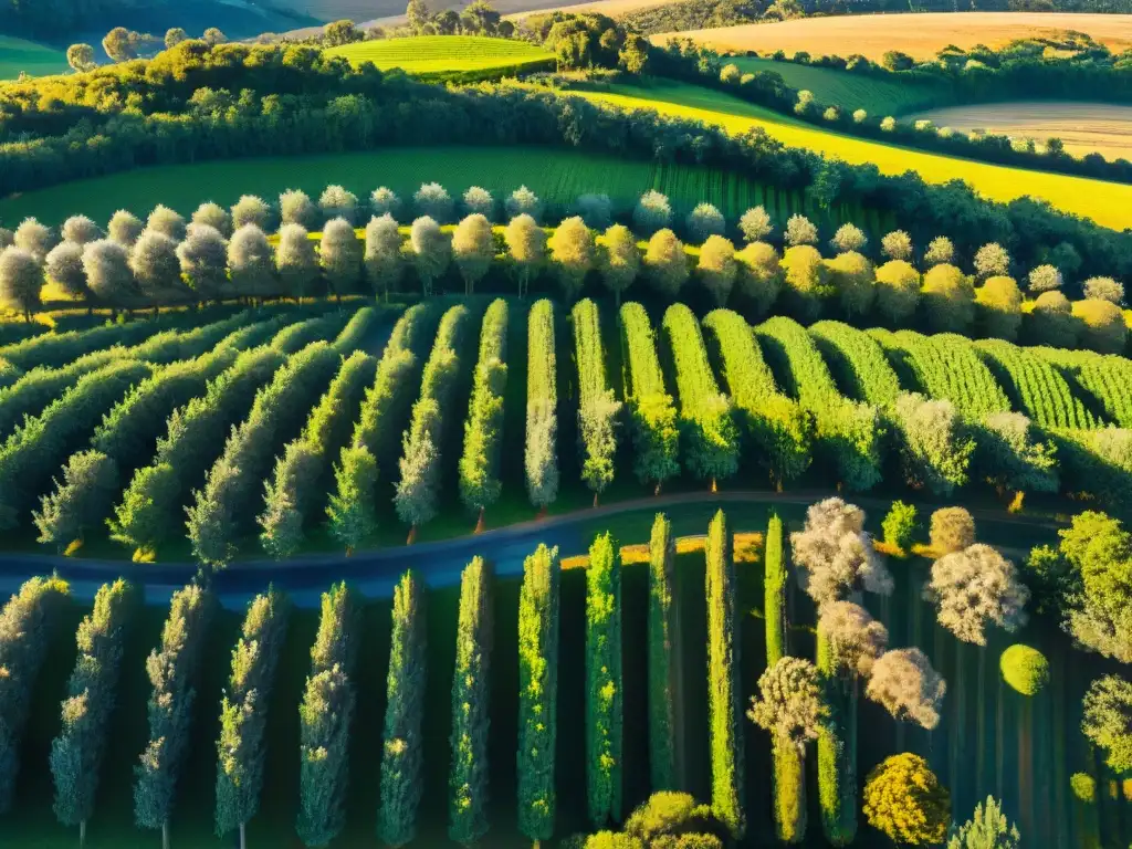 Un paisaje hipnótico de olivares en Uruguay bajo un cielo azul, destacando la sostenibilidad y la belleza del turismo rural