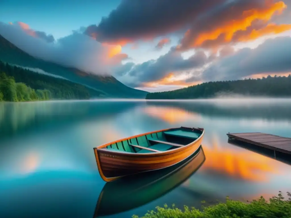 Paisaje de lago sereno al atardecer con un bote de madera en la costa, inspirando bienestar integral en Uruguay