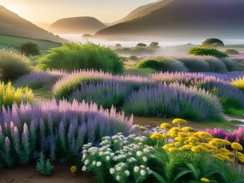 Un paisaje nativo uruguayo sereno y exuberante con plantas medicinales como lavanda, manzanilla y valeriana creciendo bajo la luz dorada del sol