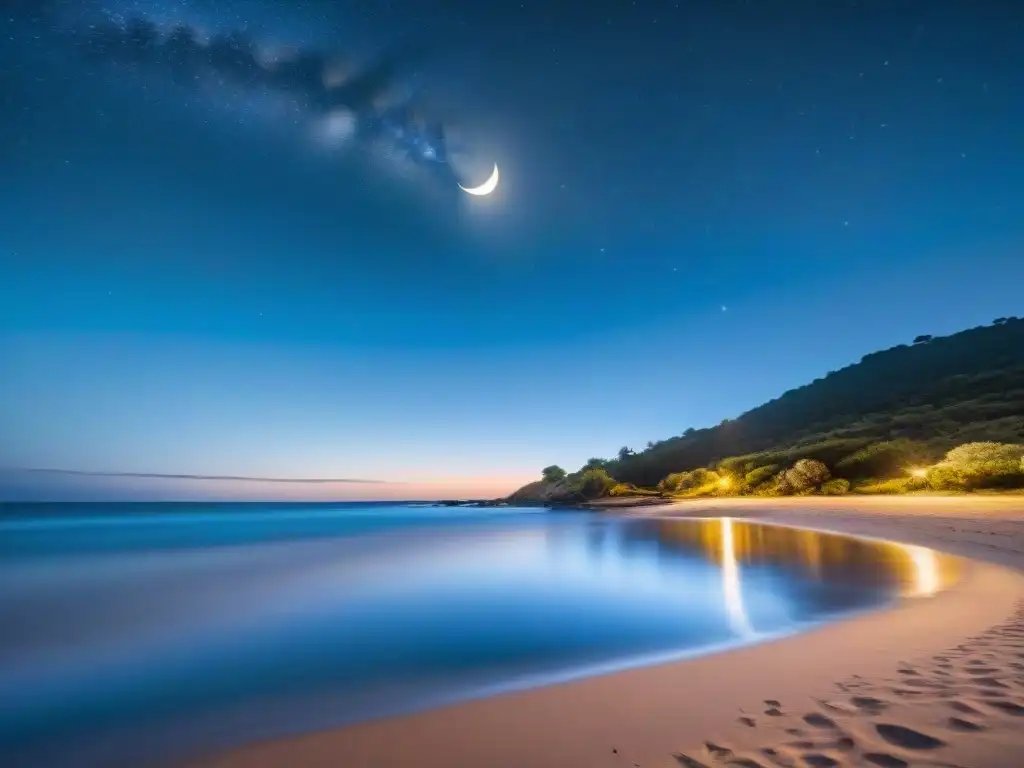 Paisaje nocturno en Uruguay: playa serena bajo la luna creciente, estrellas brillantes reflejadas en el agua; Importancia sueño para salud mental