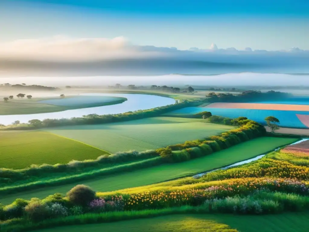 Un paisaje puro y tranquilo en Uruguay: campos verdes, río sereno y flores silvestres