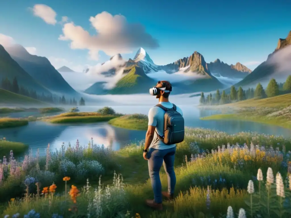 Un paisaje de realidad virtual sereno y vibrante con pradera, flores y montañas