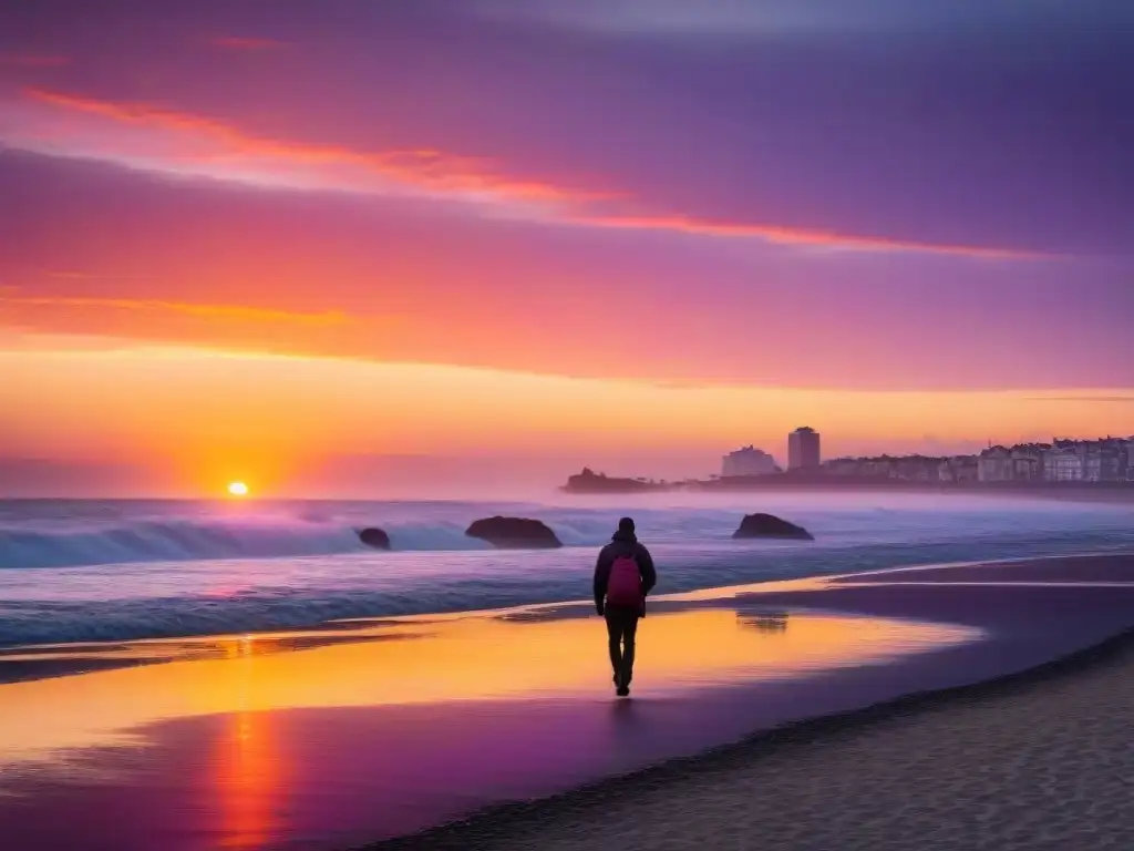 Paisaje reconfortante al atardecer en Playa Ramírez, Uruguay, reflejando apoyo emocional en Uruguay