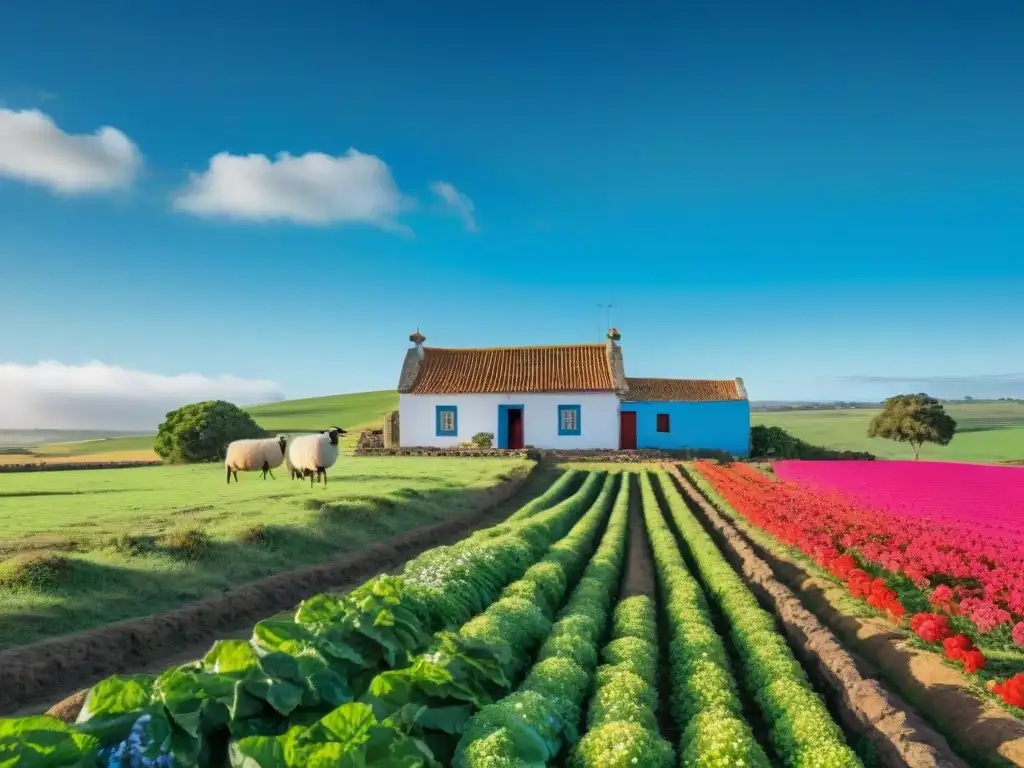 Un paisaje rural en Uruguay, con campos verdes, una casa blanca y ovejas pastando