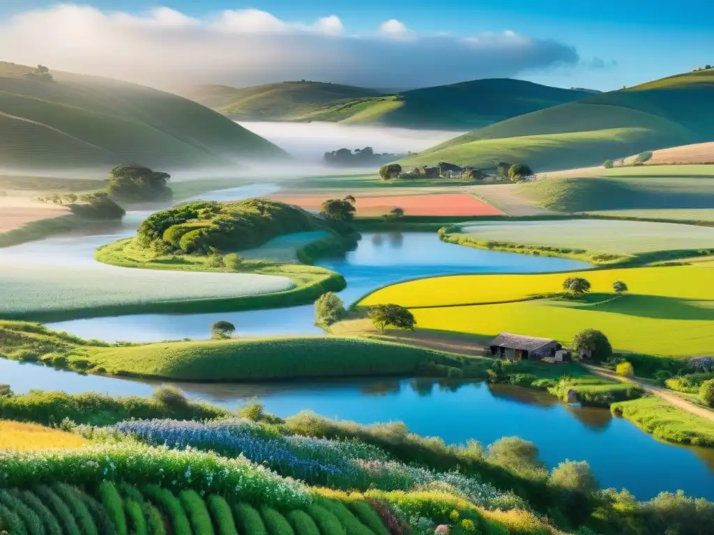 Paisaje rural en Uruguay con colinas verdes, río sereno, casa tradicional y flores silvestres