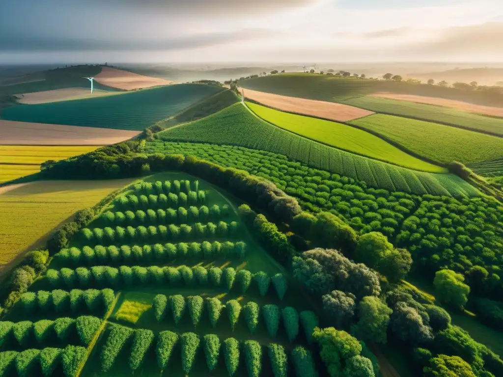 Paisaje rural de Uruguay con energía renovable en bienestar rural, integrando paneles solares y turbinas eólicas en armonía con la naturaleza