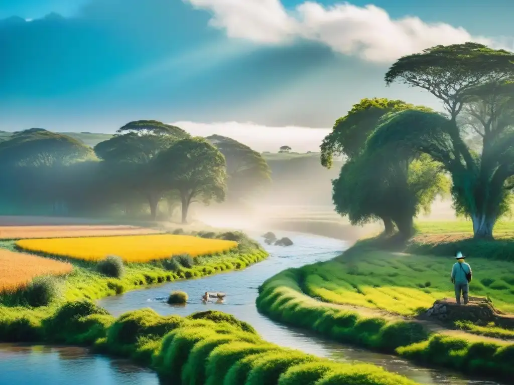 Paisaje rural idílico en Uruguay resalta la importancia del acceso al agua para el bienestar, con un arroyo cristalino y aves nativas