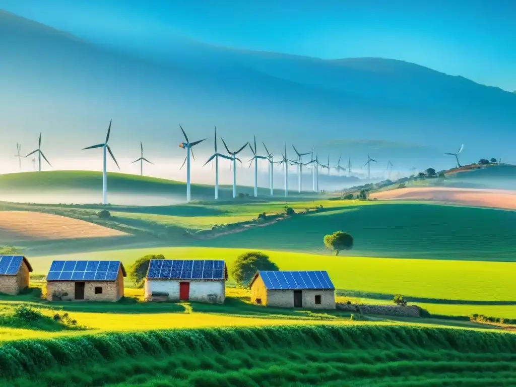 Un paisaje rural pintoresco en Uruguay, mostrando un valle verde vibrante con molinos de viento y paneles solares bajo un cielo azul claro