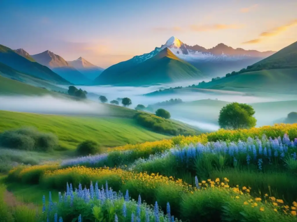 Un paisaje rural sereno al amanecer con un campo verde, flores silvestres, arroyo, montañas y aves en el cielo azul