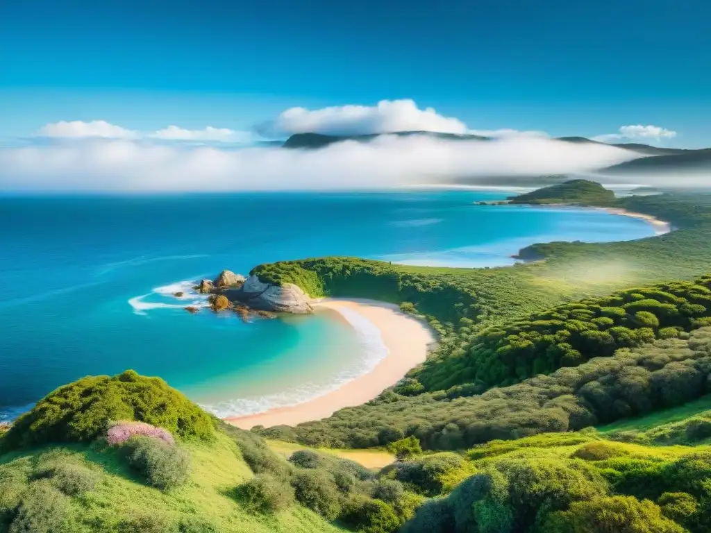 Paisaje sereno en Uruguay, aguas cristalinas, arena dorada y vegetación exuberante