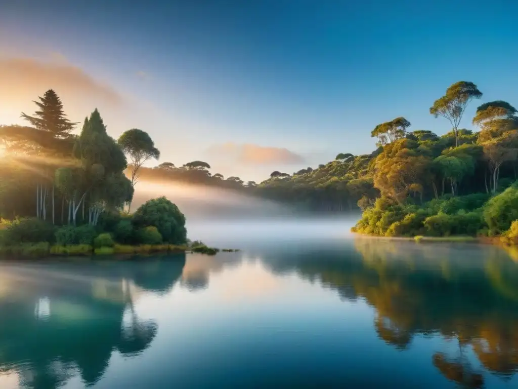 Paisaje sereno de un amanecer sobre un lago en Uruguay, ideal para escapadas de fin de semana bienestar