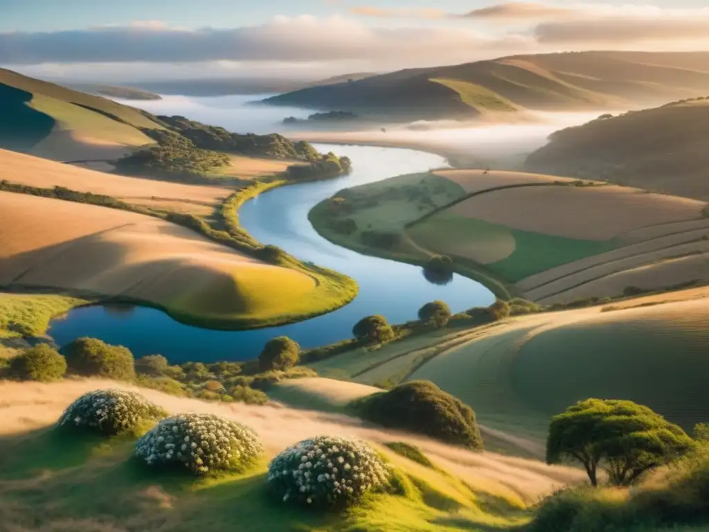 Paisaje sereno de Uruguay al atardecer, con colinas, río y luz dorada