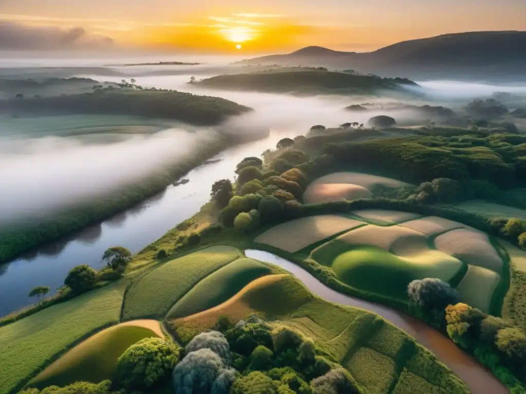 Paisaje sereno al atardecer en Uruguay con vegetación exuberante, río tranquilo y aves nativas coloridas