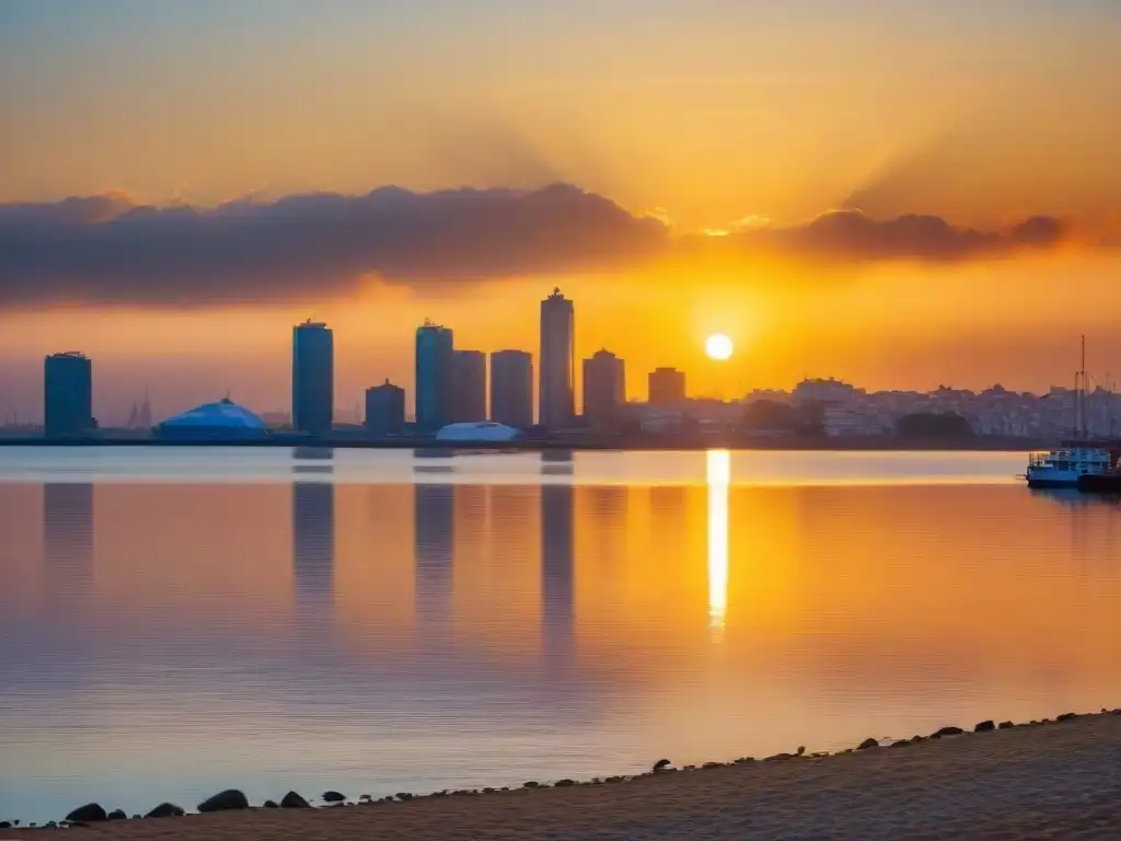 Paisaje sereno al atardecer sobre el Río de la Plata en Montevideo, reflejando calma y armonía