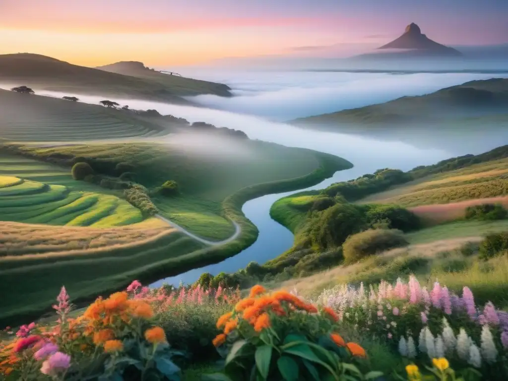 Paisaje sereno al atardecer en Uruguay, río tranquilo entre vegetación exuberante, flores silvestres, cielo naranja y rosa reflejado en el agua