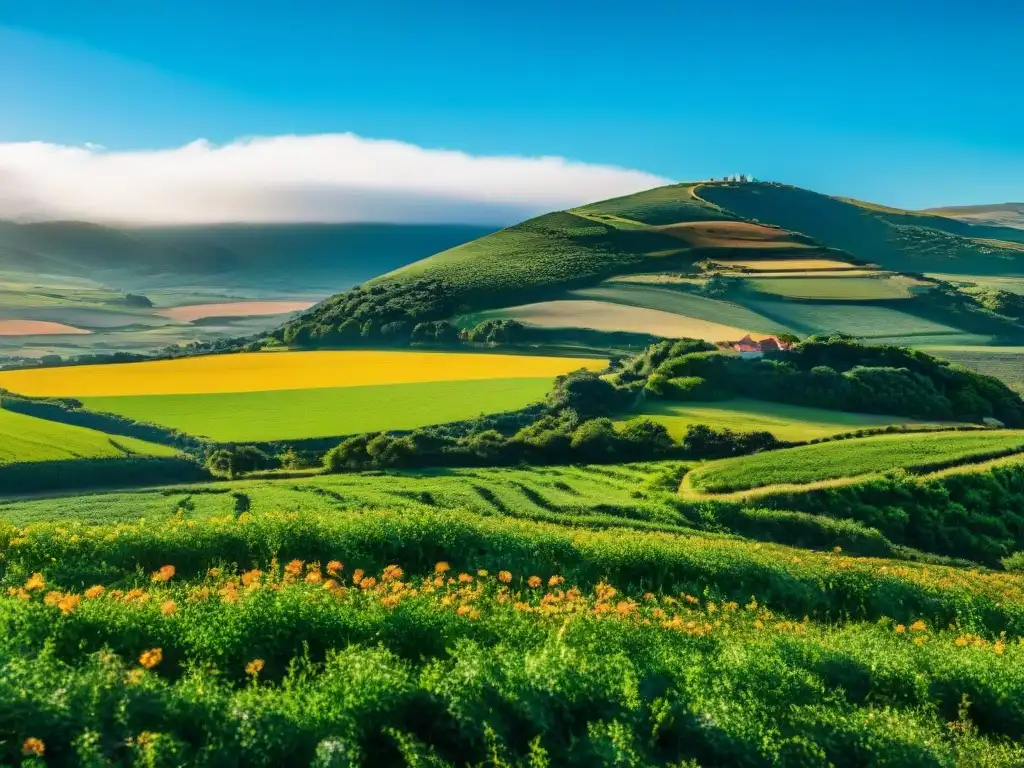 Paisaje sereno de campo uruguayo con colinas verdes, flores silvestres, granja tradicional y ganado