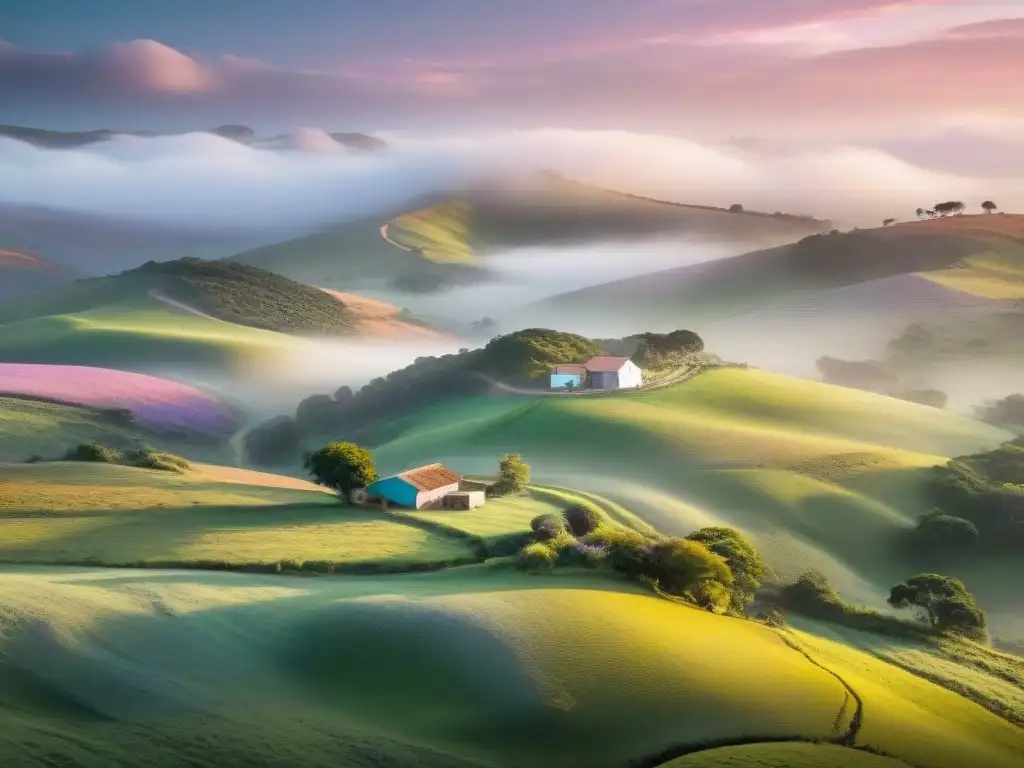 Paisaje sereno del campo uruguayo al amanecer con colinas, ganado pastando y un arroyo