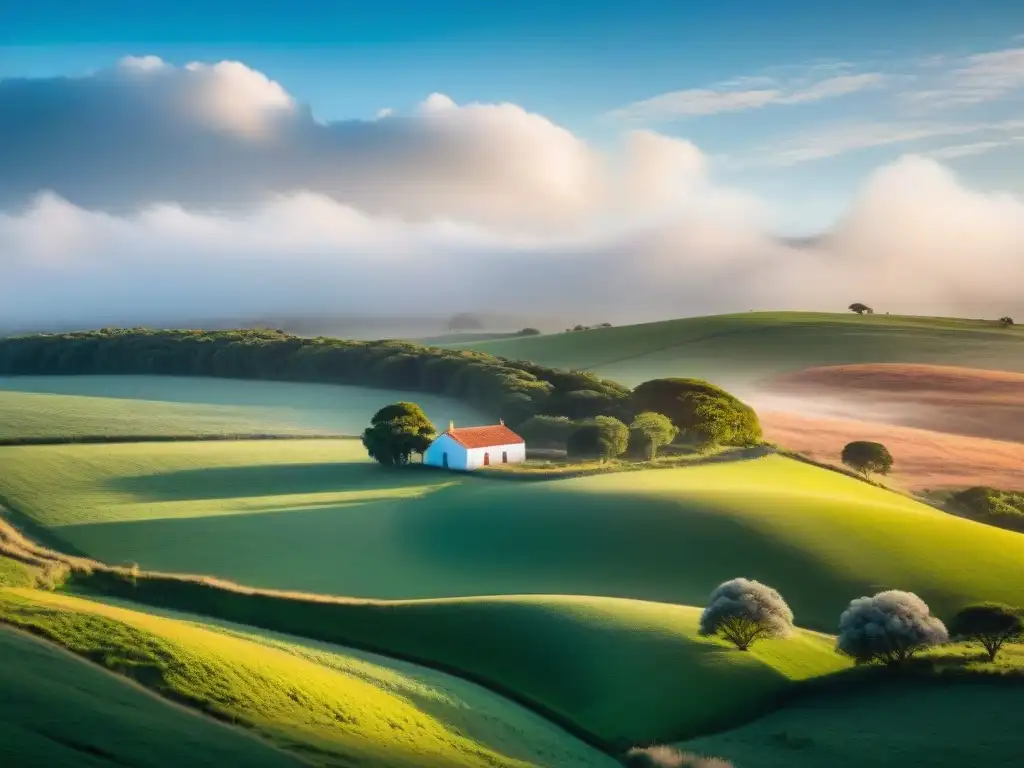 Paisaje sereno en Uruguay: campos verdes, arroyo y granja al atardecer