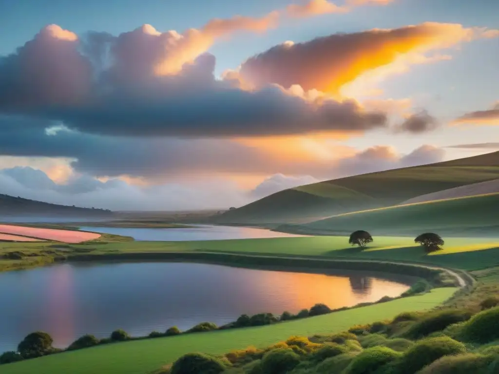 Paisaje sereno de las colinas de Uruguay al atardecer, reflejando la respiración uruguaya para reducir estrés