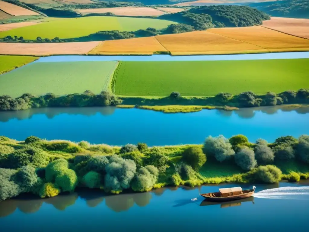 Un paisaje sereno de Uruguay con colinas, río tranquilo y cielo azul