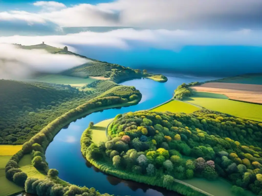 Paisaje sereno de Uruguay: colinas verdes, ríos y flores silvestres bajo cielo azul