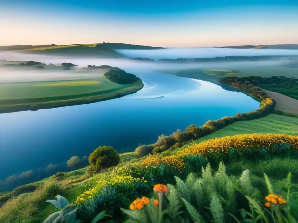 Paisaje sereno en Uruguay con colinas verdes, río tranquilo y flores silvestres