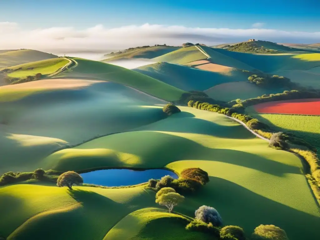 Paisaje sereno en Uruguay con colinas verdes, ganado pastando y casa tradicional