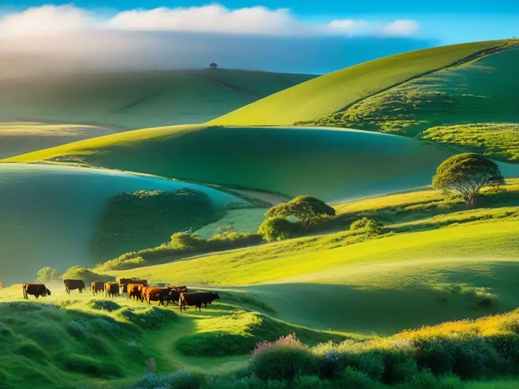 Paisaje sereno de colinas verdes en Uruguay con flores silvestres y ganado pastando