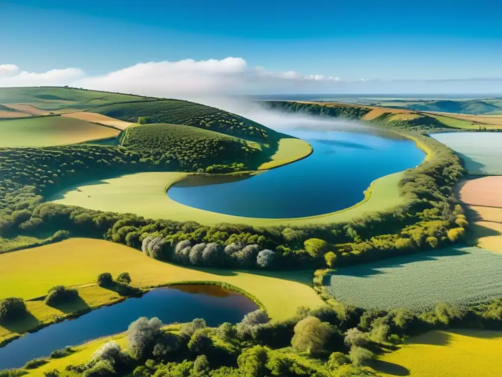 Paisaje sereno en Uruguay: colinas verdes, río tranquilo y pueblo tradicional entre árboles