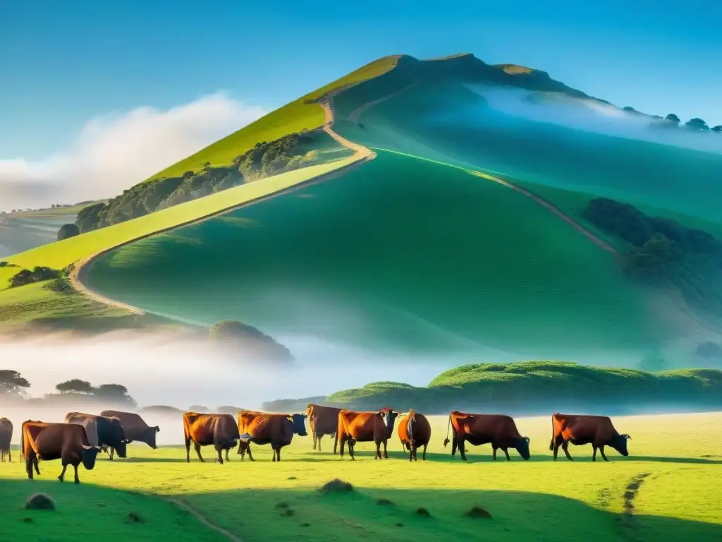 Paisaje sereno de colinas verdes en Uruguay, con ganado pastando