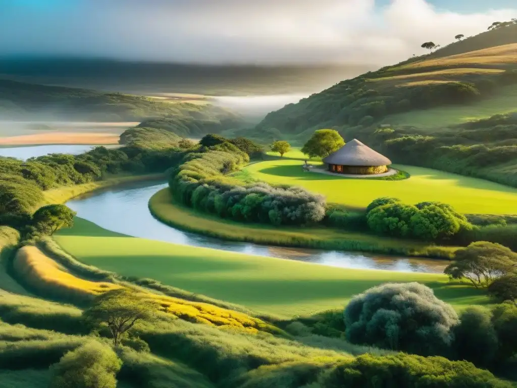 Un paisaje sereno de Uruguay con colinas verdes, árboles autóctonos y río cristalino, transmitiendo bienestar integral con prácticas ecoamigables