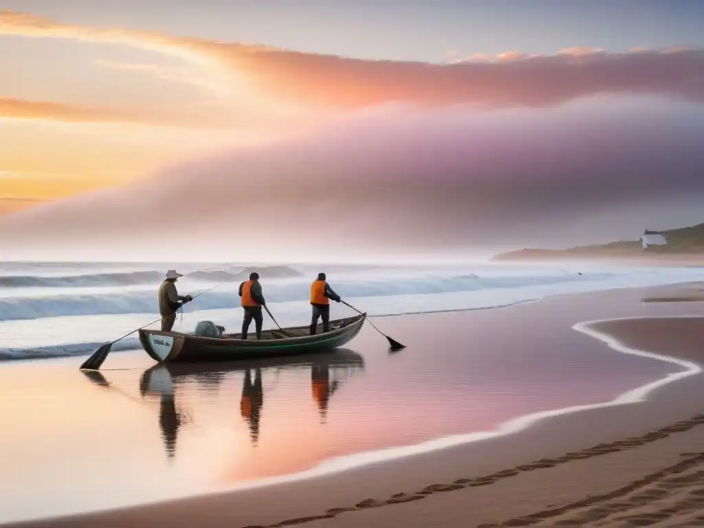 Paisaje sereno de la costa de Uruguay al amanecer, pescadores en barca practicando pesca responsable