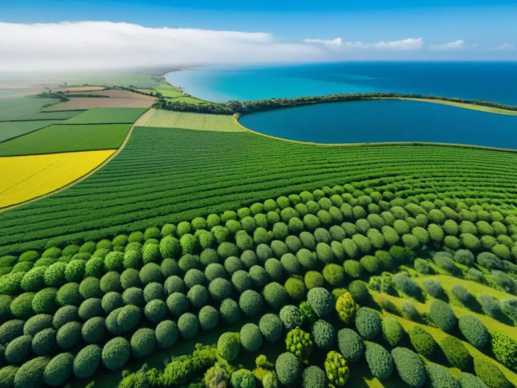 Un paisaje sereno de cultivos en Uruguay para aceites esenciales, transmitiendo armonía y bienestar